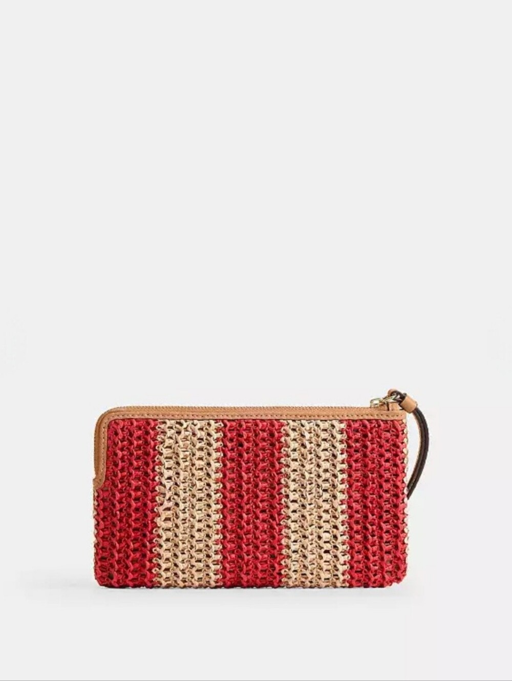 COACH Large Corner Zip Wristlet In Gold/Red/Tan Straw, Leather Trim & Strap, NEW - Picture 3 of 5
